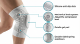 Flexa Adjustable Brace feature diagram — silicone anti-slip dots, mechanical adjustment dial